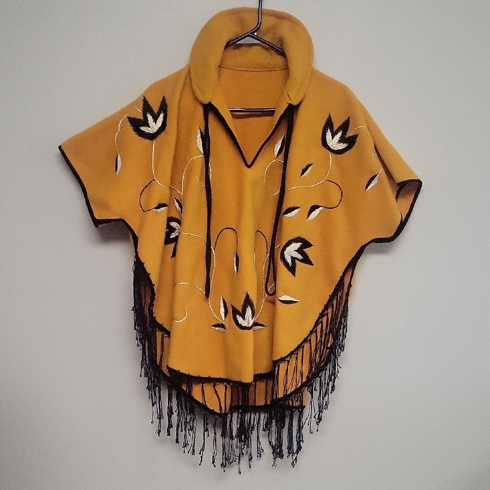 Vintage Yellow Poncho with Black Fringe